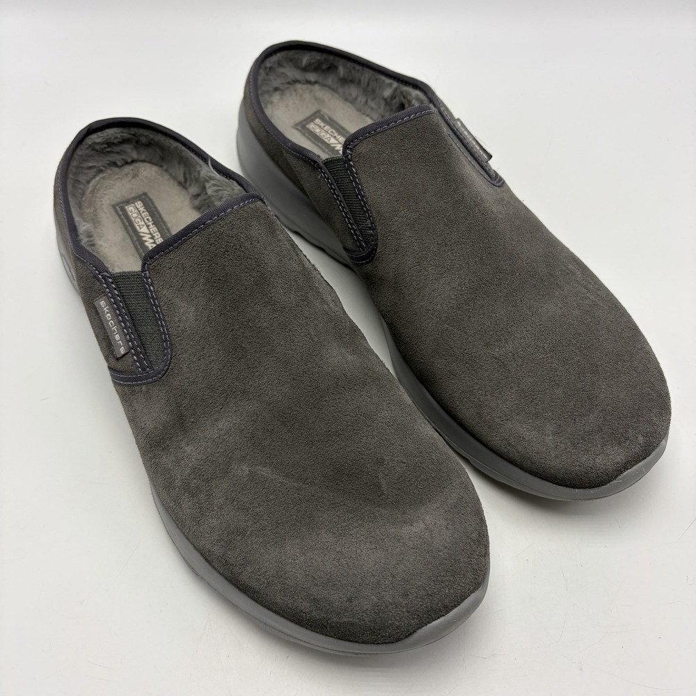 Skechers Mule Clog Womens 10 Gray Suede and Faux Fur Clogs Slip on